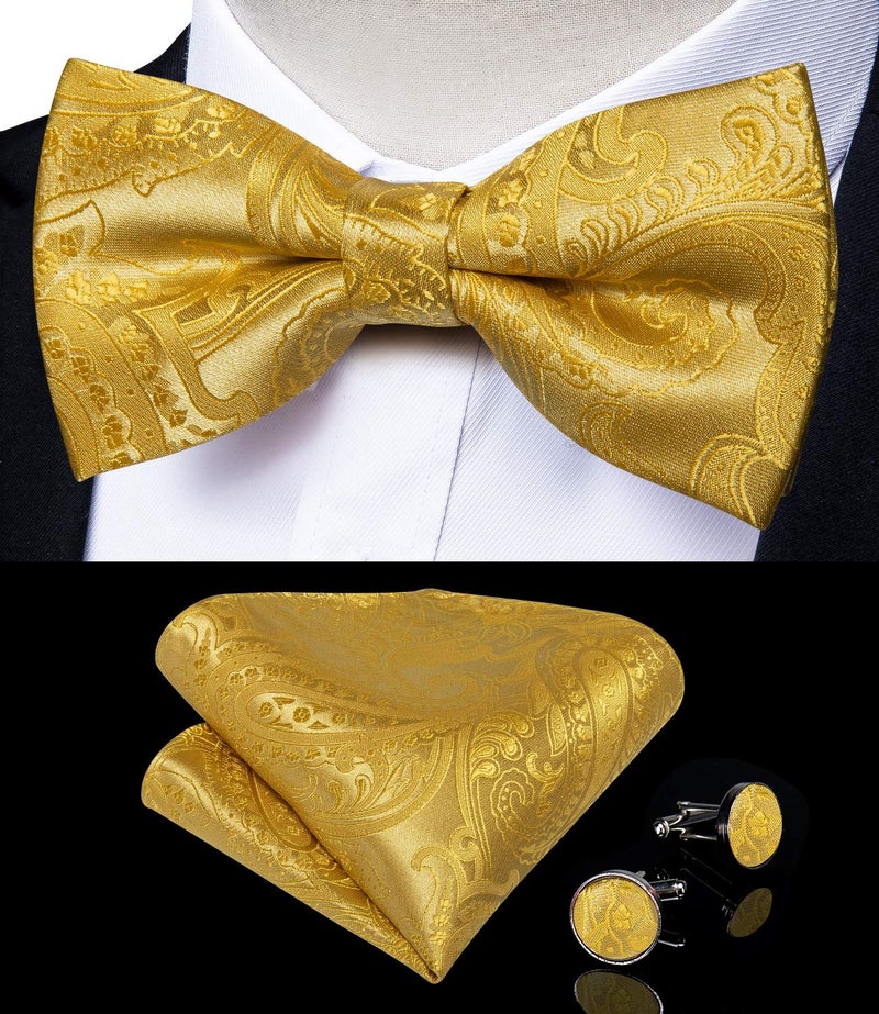 DiBanGu Gold Paisley Suspenders for Men Y-Shape Adjustable Suspenders Bowtie Pocket Square Cufflinks Clip Brace - Image 4